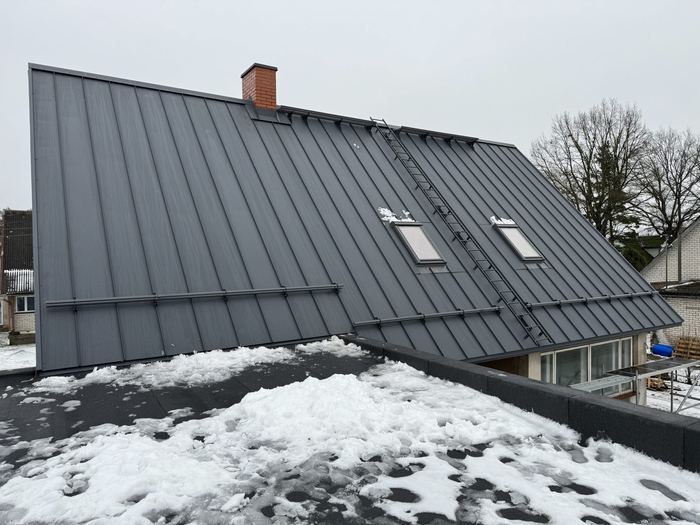 Valmis tumehall valtsplekk-katus katuseakende, redeli ja lumetõketega